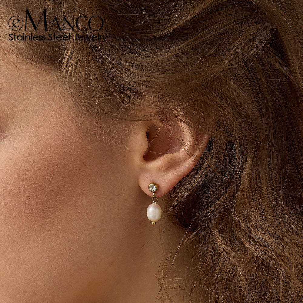 EMANCO Golden Geometric Pearl Hoops — Stainless Steel Natural Freshwater Pearl