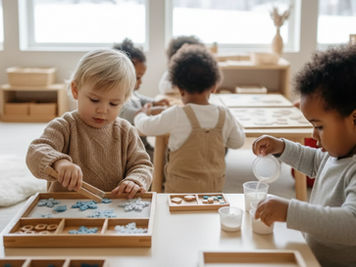Three toddlers engaging in Montessori-inspired winter activities in a bright classroom with a snowy window view.
