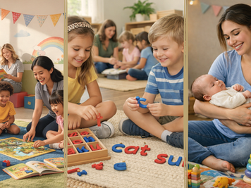 Children playing and learning in a daycare classroom, preschool kids practicing alphabet letters together, and a nanny holding a baby at home illustrating different childcare options.
