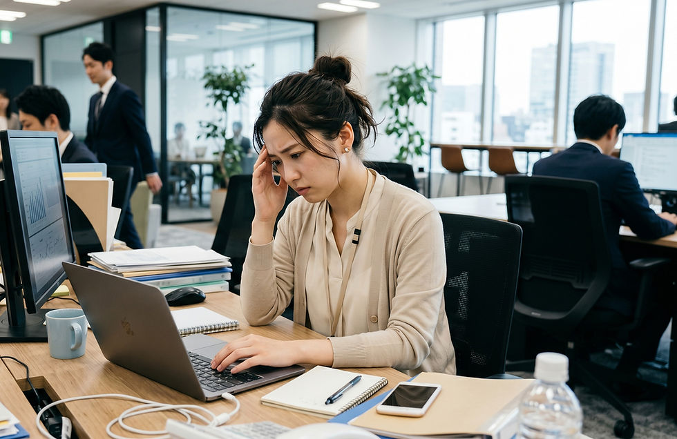 Woman in office holding head in frustration at her desk with laptop and documents. Bright modern workspace, coworkers in background.