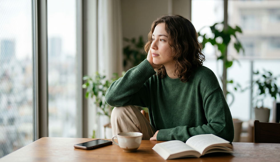 Half-Japanese ex-pat staring out of the window in her Tokyo apartment.