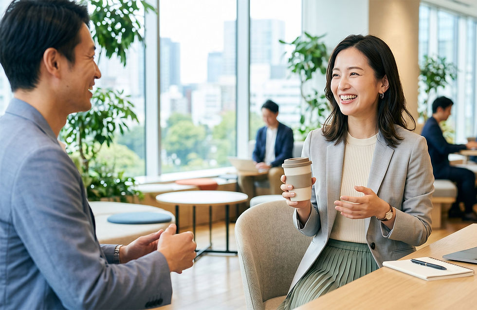 Two people in a modern office chat cheerfully, holding coffee cups. A cityscape is visible through large windows. The mood is lively and relaxed.