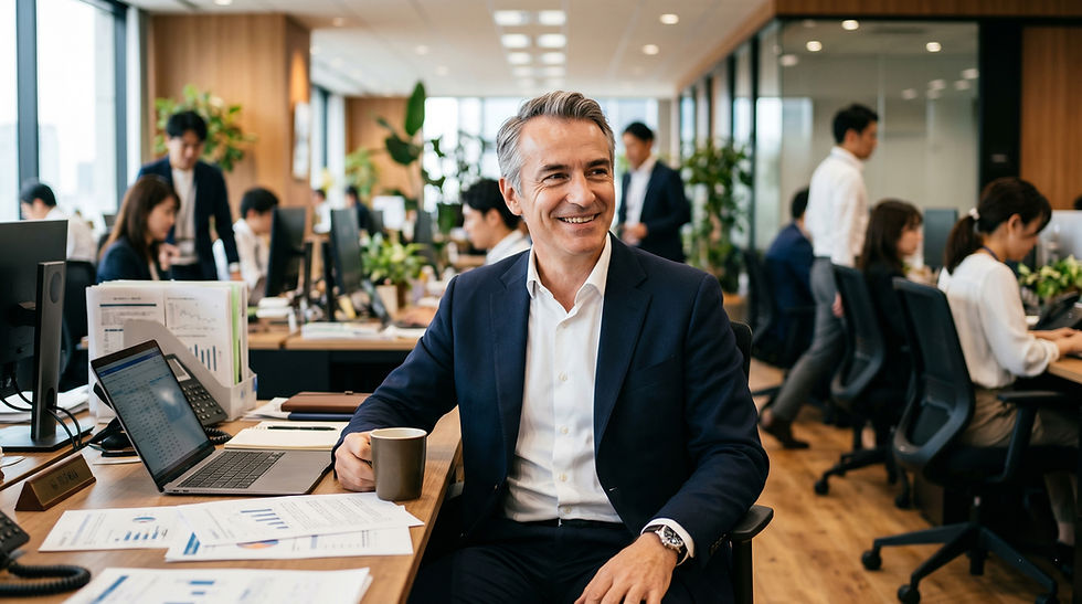 European exec, happy at desk in Japanese company