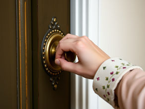 A woman opening the door to a beginning filled with hope. It all starts with Hello.