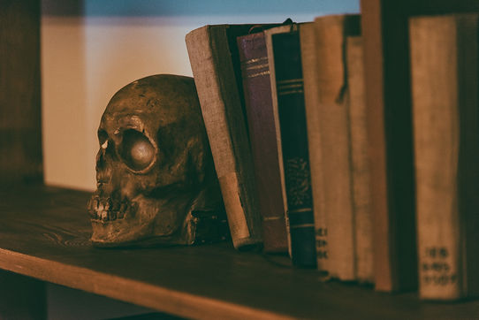A human skull displayed next to vintage books on a wooden shelf, creating a dark, mysterio