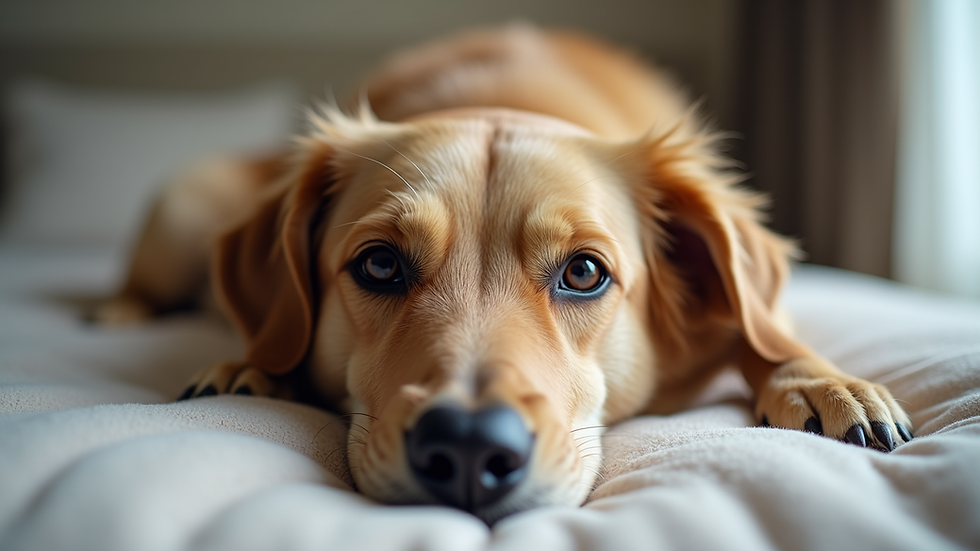 Eye-level view of a calm dog resting on a soft bed