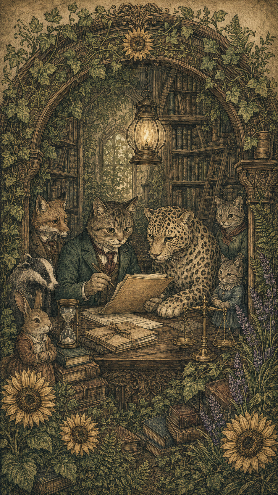 猫の法律家が豹と事件記録を確認し、森の動物たちが見守る古書風挿絵