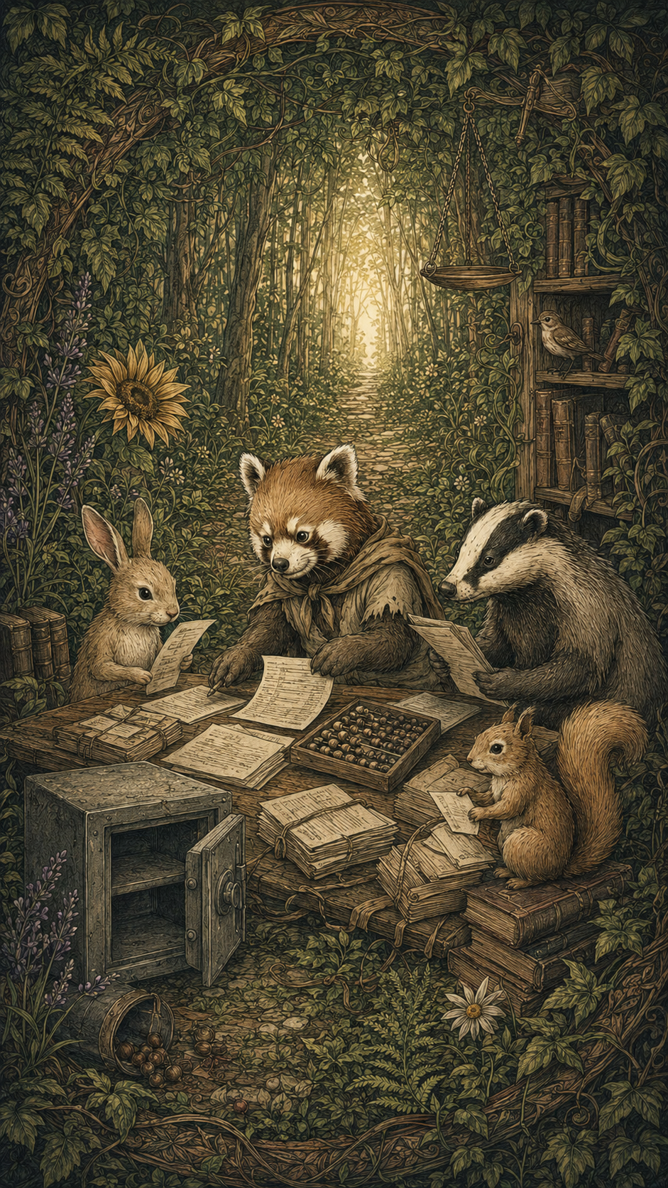 レッサーパンダ、ウサギ、アナグマ、リスが借金の書類を整理する森の古書風挿絵
