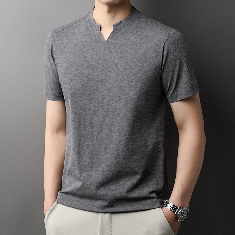 Thumbnail: Korean Men's Casual and Fashionable Small V-neck Solid Color Short Sleeved T-shi
