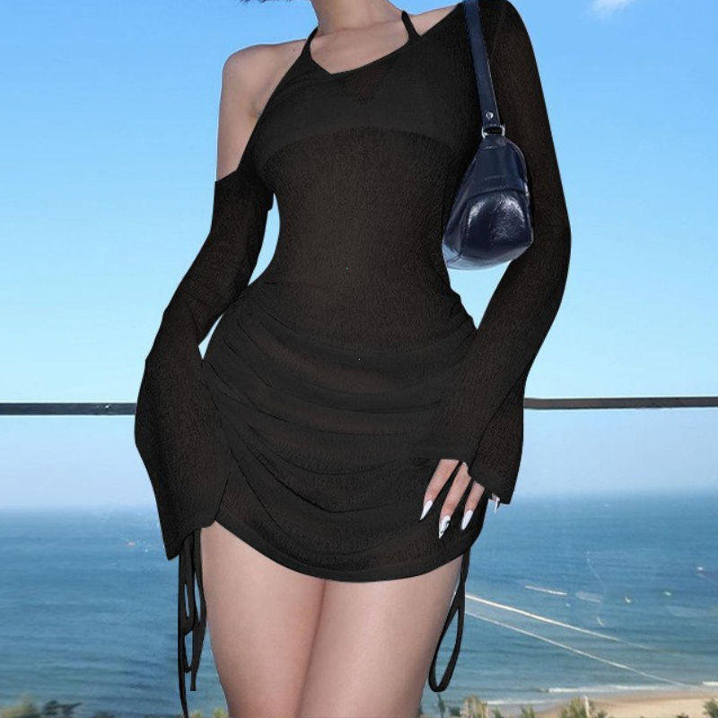 Thumbnail: Solid Skew Collar Ruched Straps Lace-Up See Through Draw String Mini Dress 2025 