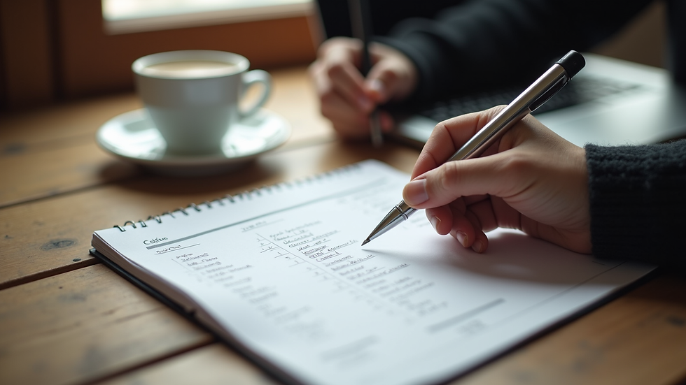 High angle view of a person writing a shopping list next to a laptop and a cup of coffee
