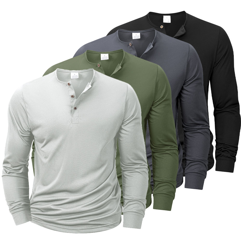 New Men's Henley T-shirts Long Sleeve Basic Casual Band Collar T Shirts Comforta