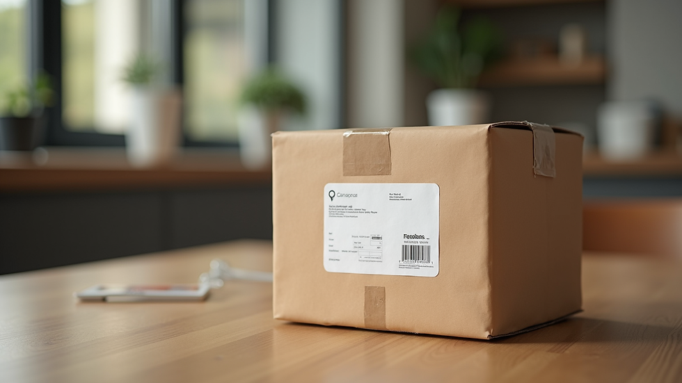 Close-up view of a delivery package with a shipping label on a wooden table