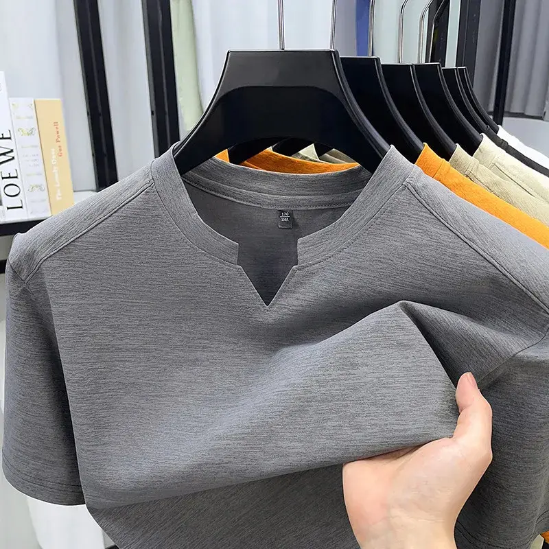 Thumbnail: Korean Men's Casual and Fashionable Small V-neck Solid Color Short Sleeved T-shi