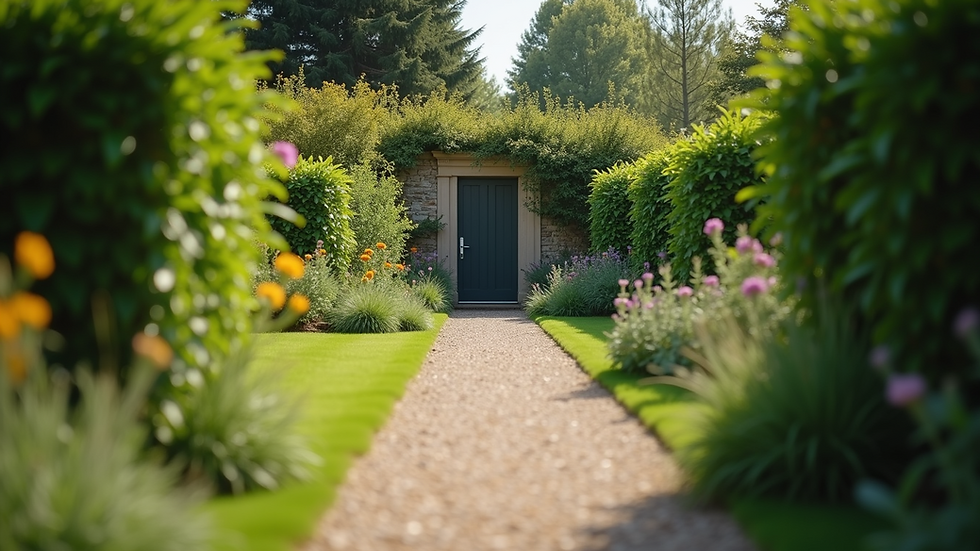 Close-up view of an empty garden path leading to a door