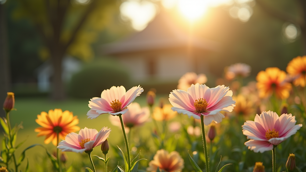 Eye-level view of a tranquil garden setting with blooming flowers