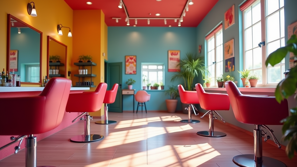 Eye-level view of a vibrant hair salon interior with colorful decor
