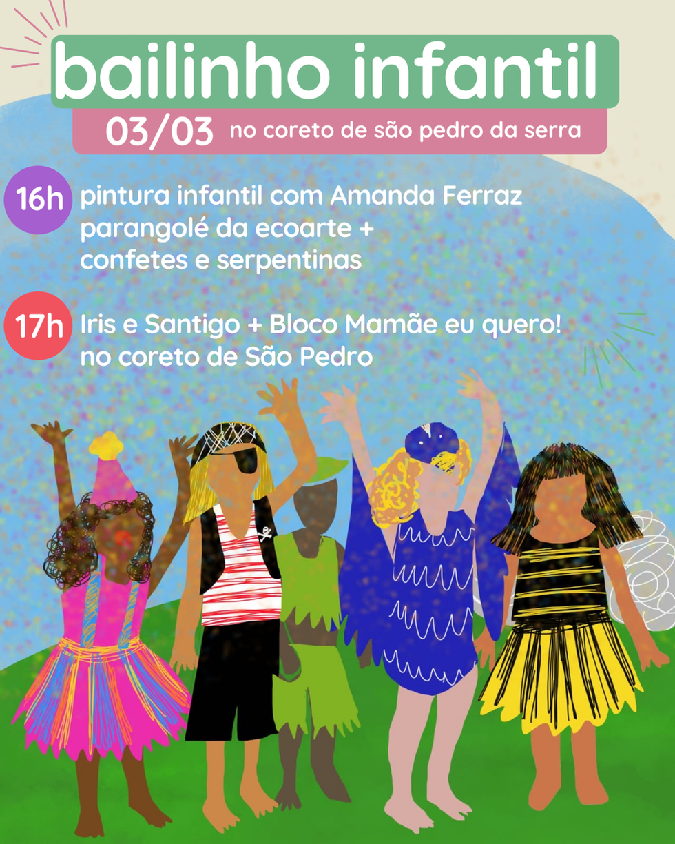 Programação da Festa das Crianças 03/03: pintura infantil 16h, show Iris e Santigo 17h.