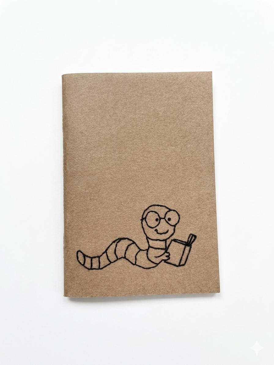 Miniatura: Desenho de minhoca com óculos lendo em caderno marrom