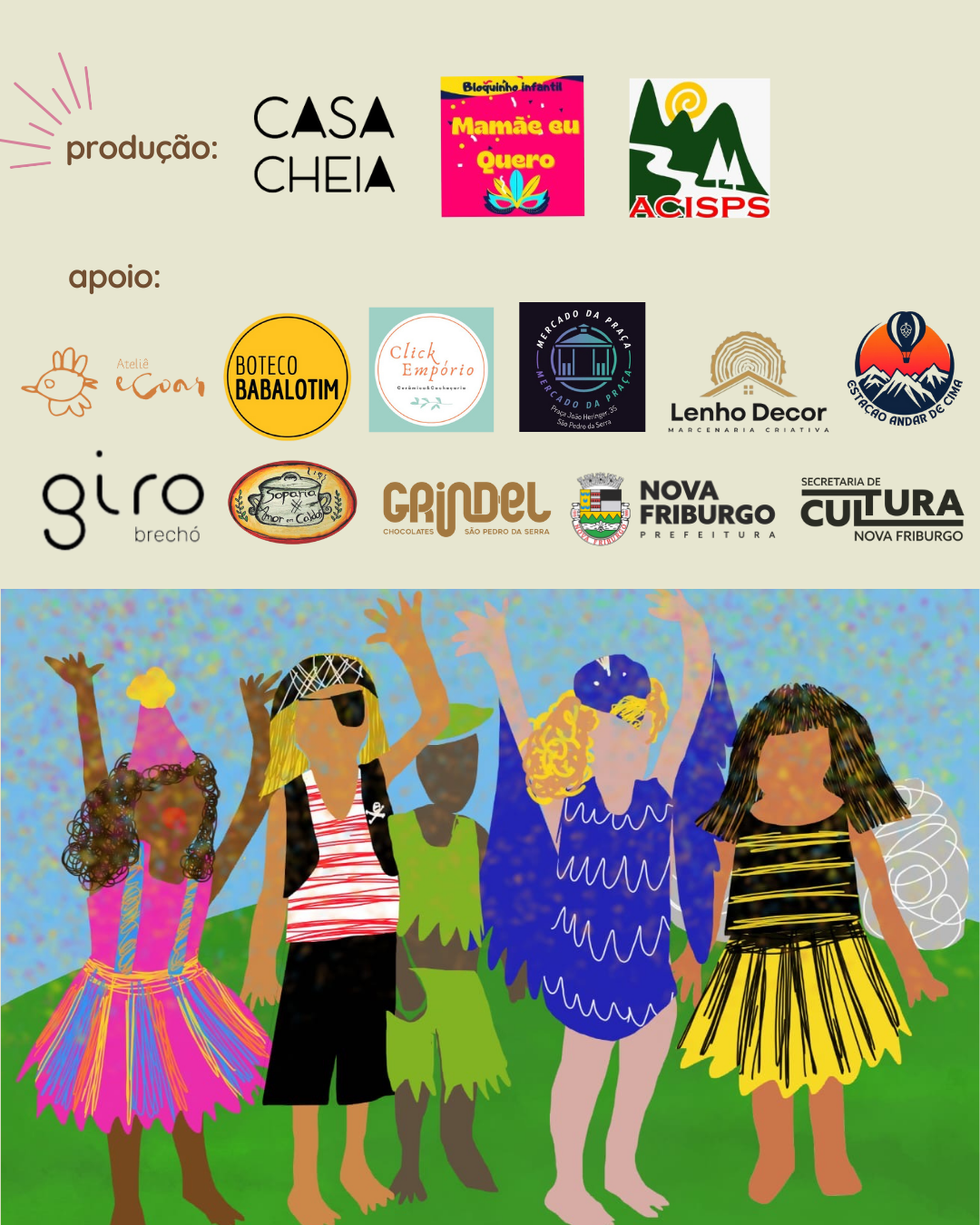 Logotipos e crianças fantasiadas para a Festa das Crianças.