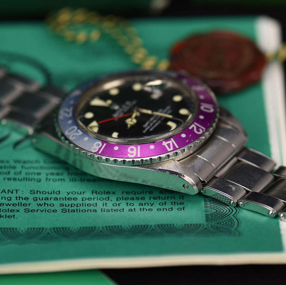 Thumbnail: 1968 Rolex 1675 GMT Master MKI Long E Dial Fuchsia Bezel. Full set