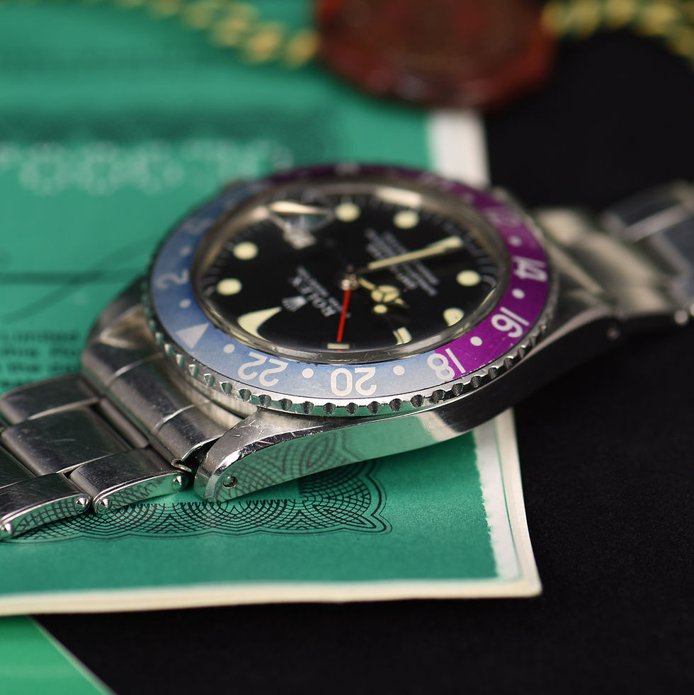 Thumbnail: 1968 Rolex 1675 GMT Master MKI Long E Dial Fuchsia Bezel. Full set
