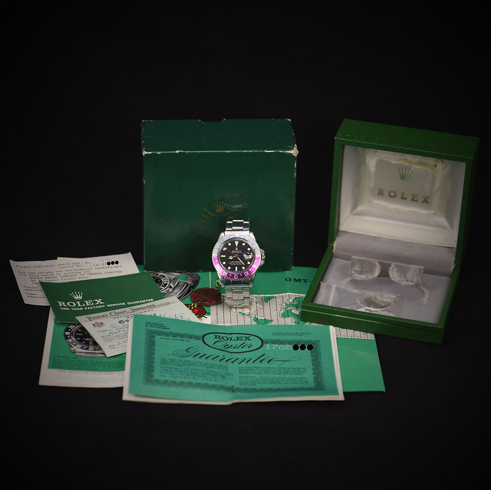 Thumbnail: 1968 Rolex 1675 GMT Master MKI Long E Dial Fuchsia Bezel. Full set
