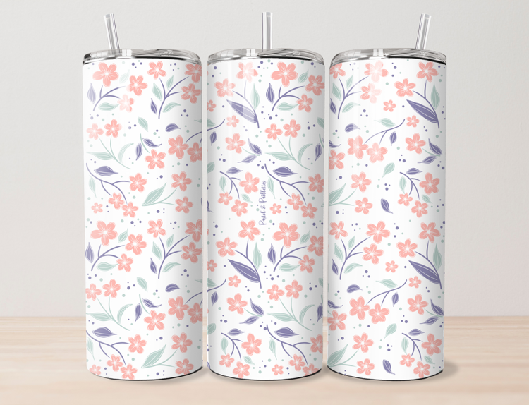 Tumbler en acier inoxydable avec design de Fleurs Pastels, idéal pour garder vos boissons au chaud ou au froid.