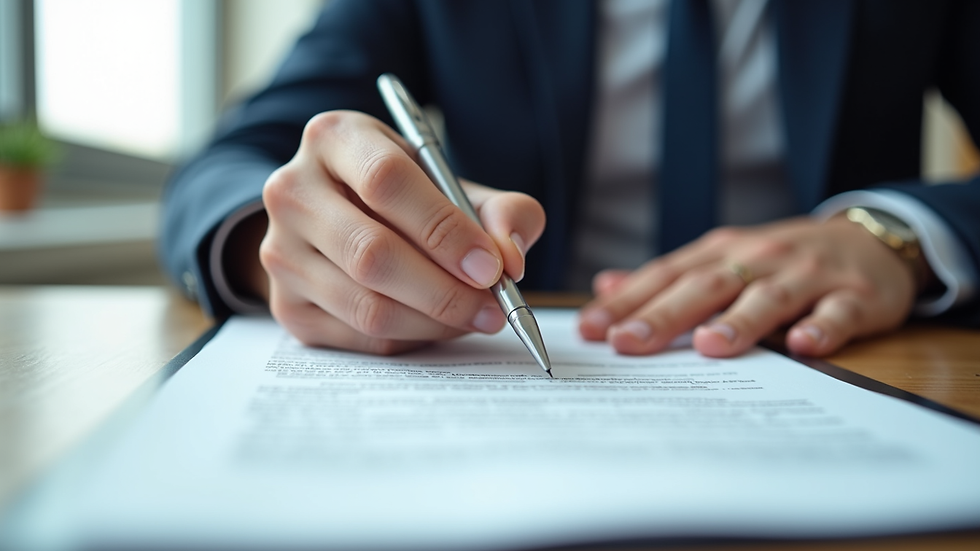 Close-up view of a person reviewing insurance documents with a pen