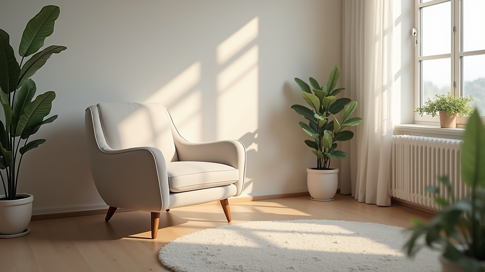 Eye-level view of a calm therapy office with a comfortable chair and soft lighting