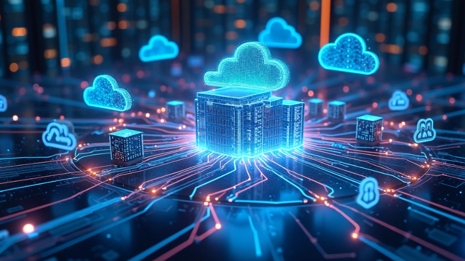 Representação detalhada de arquitetura de data lake em nuvem com fluxos de dados coloridos entre servidores, bancos de dados e nuvens digitais
