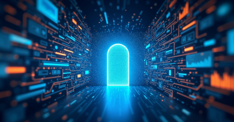 Representação detalhada de arquitetura de data lake em nuvem com fluxos de dados coloridos entre servidores, bancos de dados e nuvens digitais