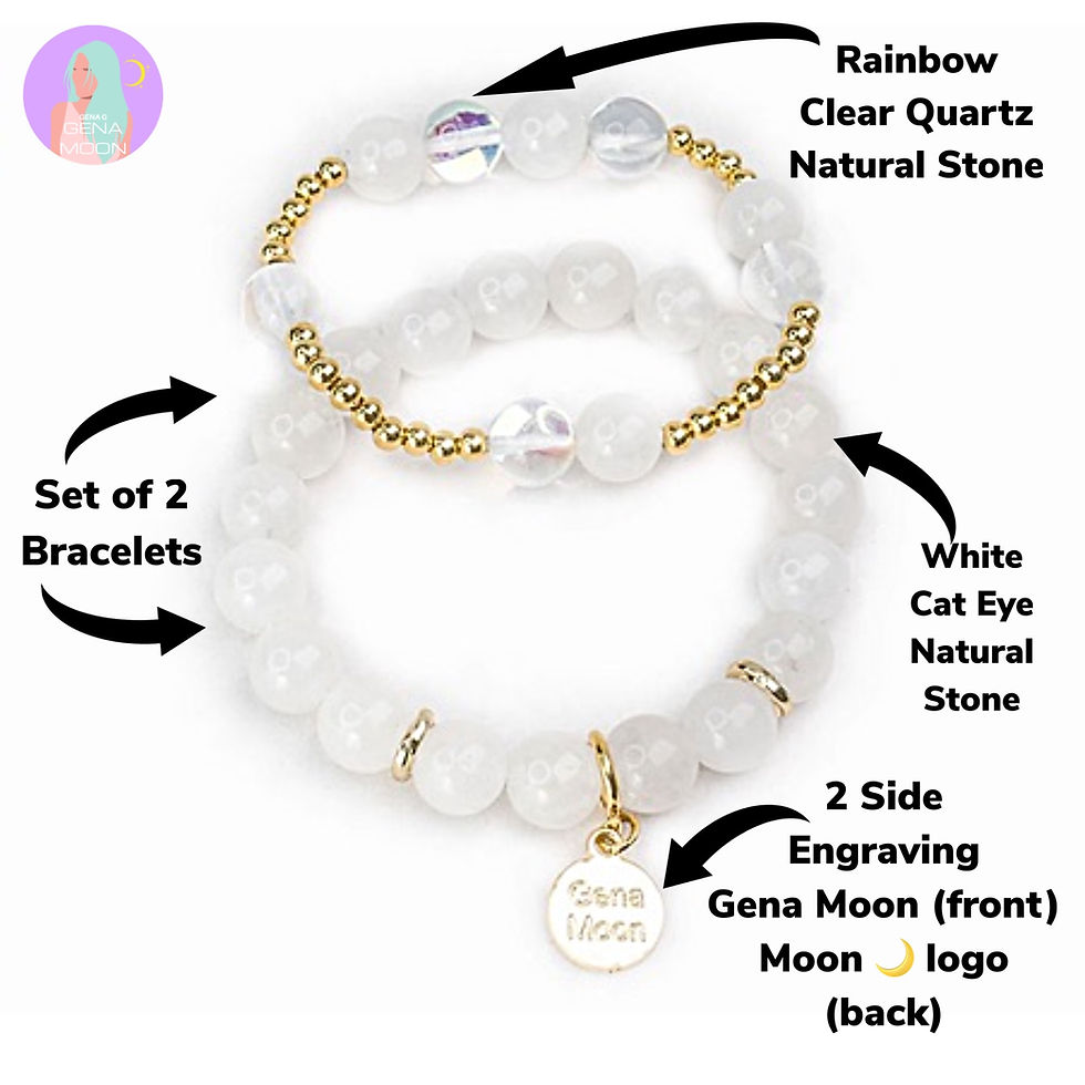 White Cat Eye & Rainbow Clear Quartz Official Gena Moon Engraved Charm Bracelet