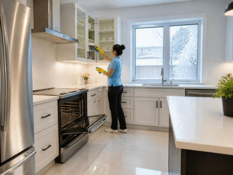 Professional cleaner deep cleaning a bright kitchen in an Ottawa home in winter