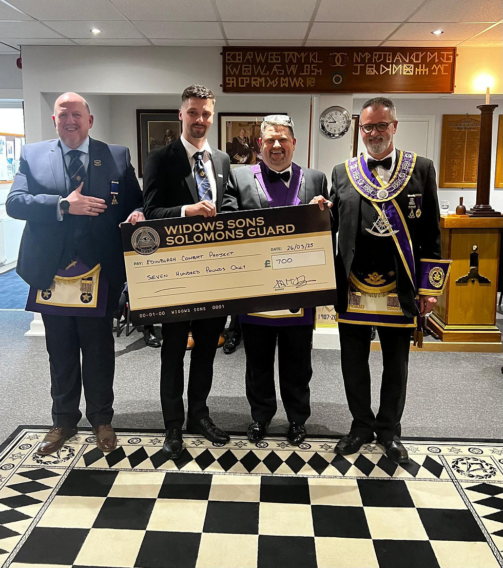 Cheque Presentation During The Lodge Meeting                                                                                                         Chapter President Jim Wilson, Bro. Pawel Zakrzewski, Chapter Treasurer Steve McKenzie and RWM Stewart Walls