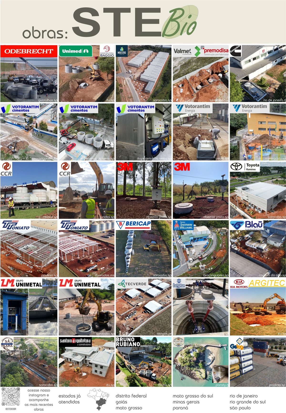 Portfólio de obras da STEBio — clientes atendidos e estados de atuação em todo o Brasil