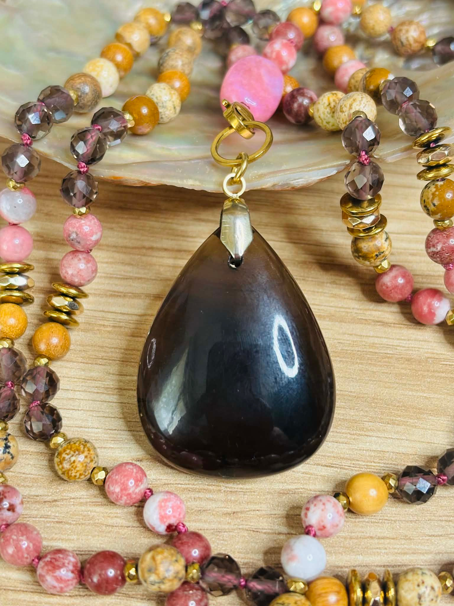 MALA Thulite, Santal, Quartz fumé et Jaspe paysage