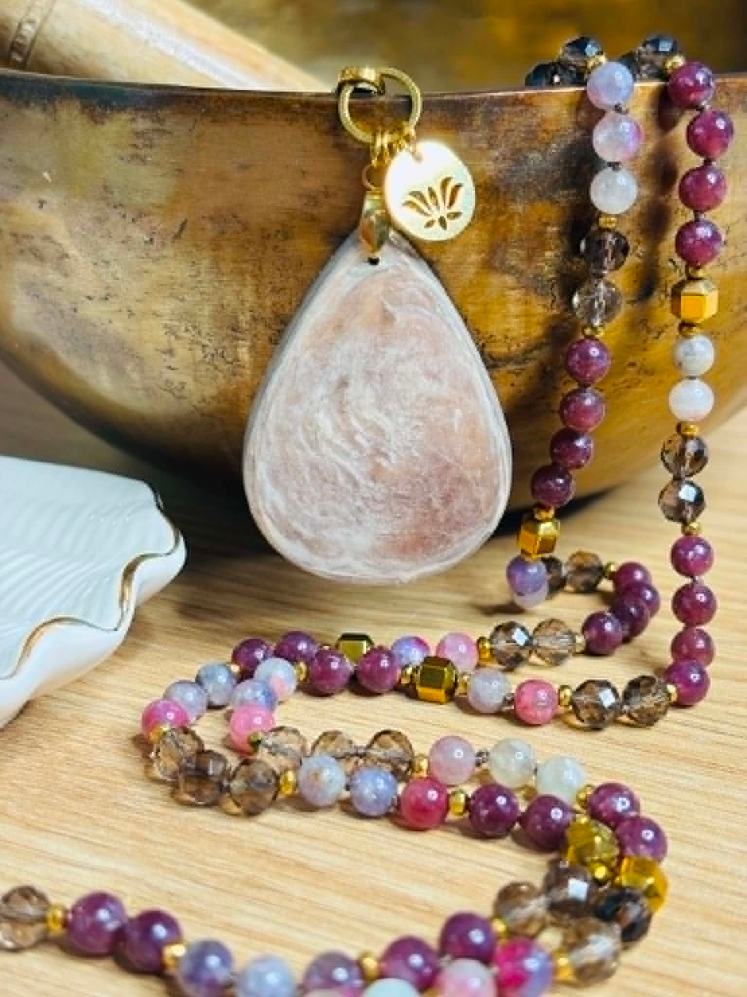 Mala Tourmaline rose, Lépidolite et Quartz fumé