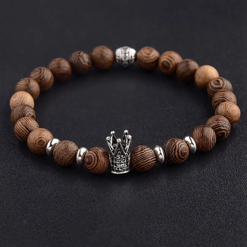 Thumbnail: Hot Men Natural Wood Beads Cross Bracelets Onyx Wooden Yoga Jewelry