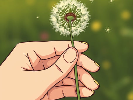 a cartoon hand holding a dandelion in a field