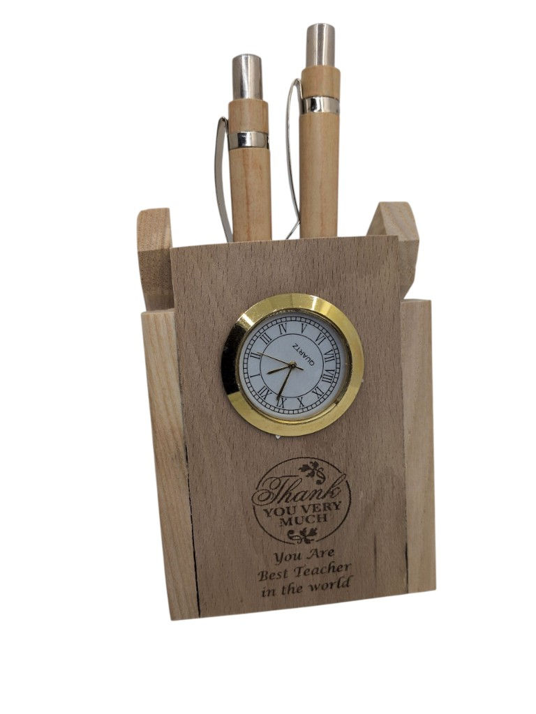 Two pens with Clock Wooden Pen Stand for Teacher