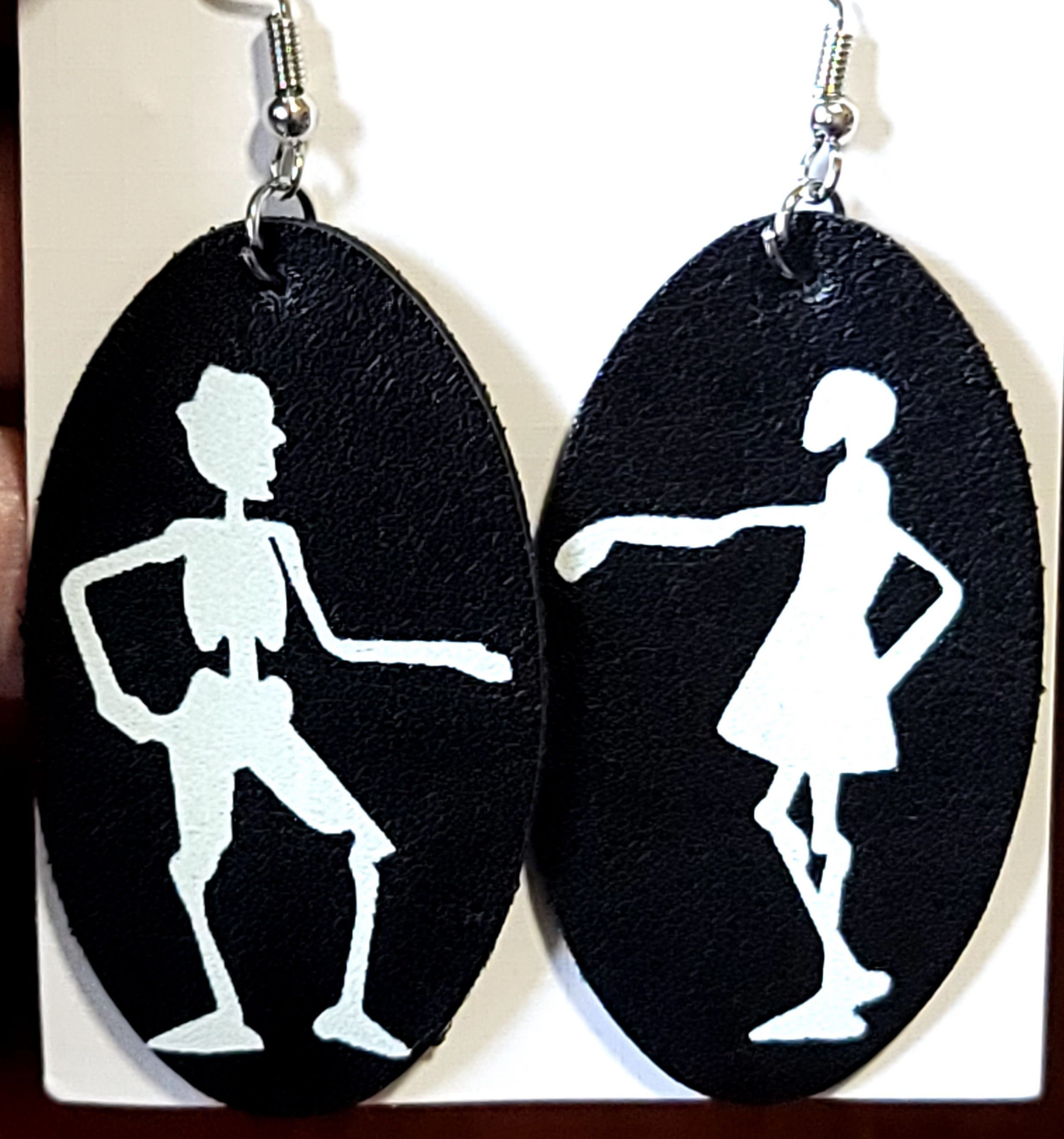 Glowing Skeleton Couple Oval Earrings on Black