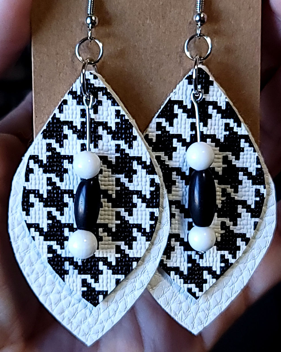 Black and White Houndstooth Leaf Earrings on White