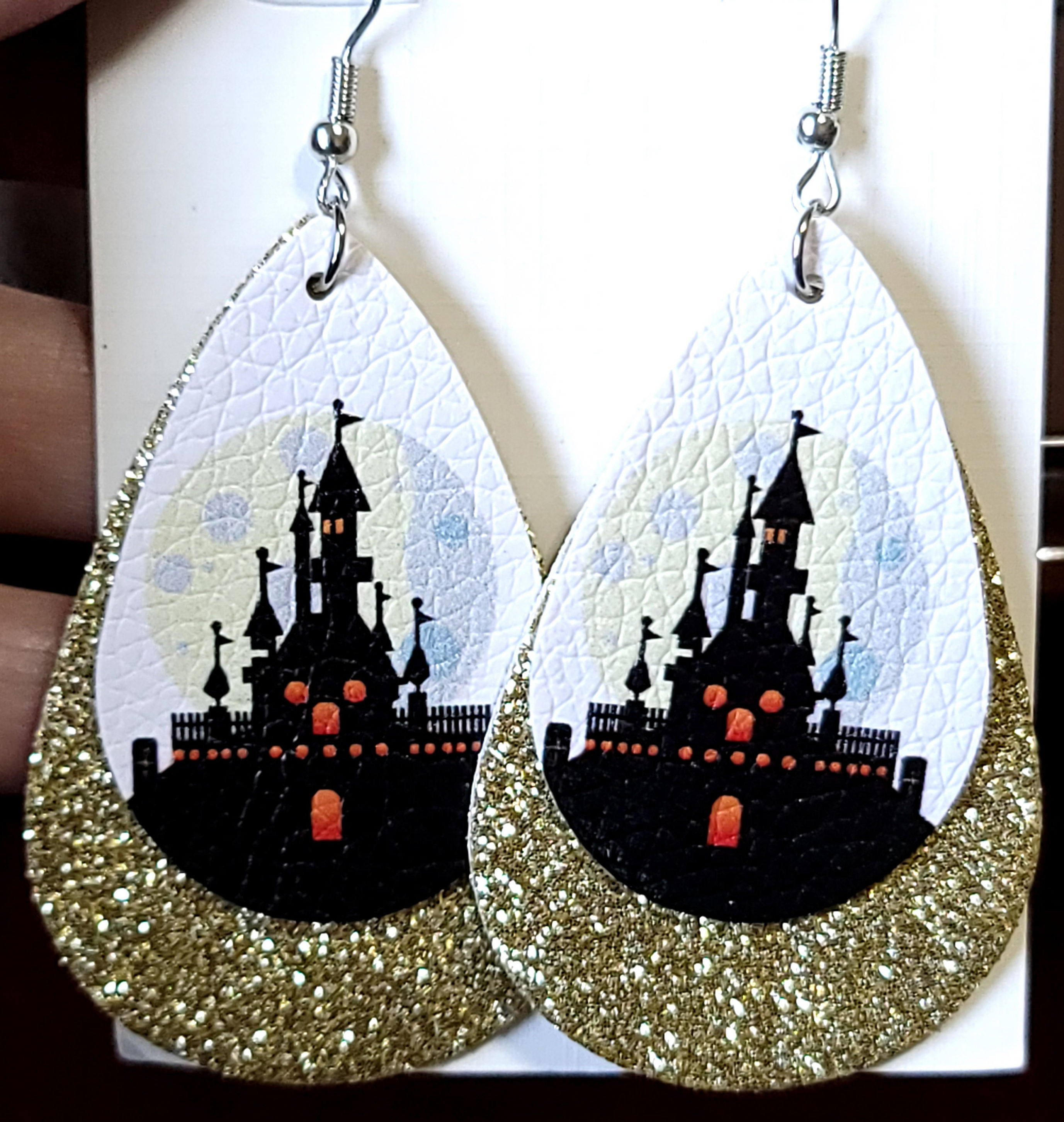 Haunted House Teardrop Earrings on w/ Gold Glitter