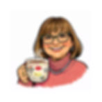 Illustration of woman wearing glasses, smiling, with a hot cuppa in her hand.