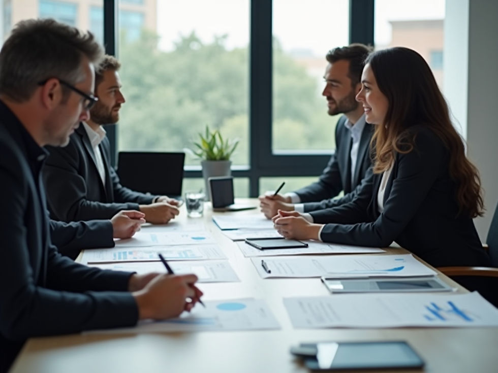 Team reviewing a project roadmap on a whiteboard. Advisory team consulting with a client in an office. Project advisor explaining risk management to stakeholders. Logistics expert pointing to global supply chain data. Diverse team brainstorming project milestones.