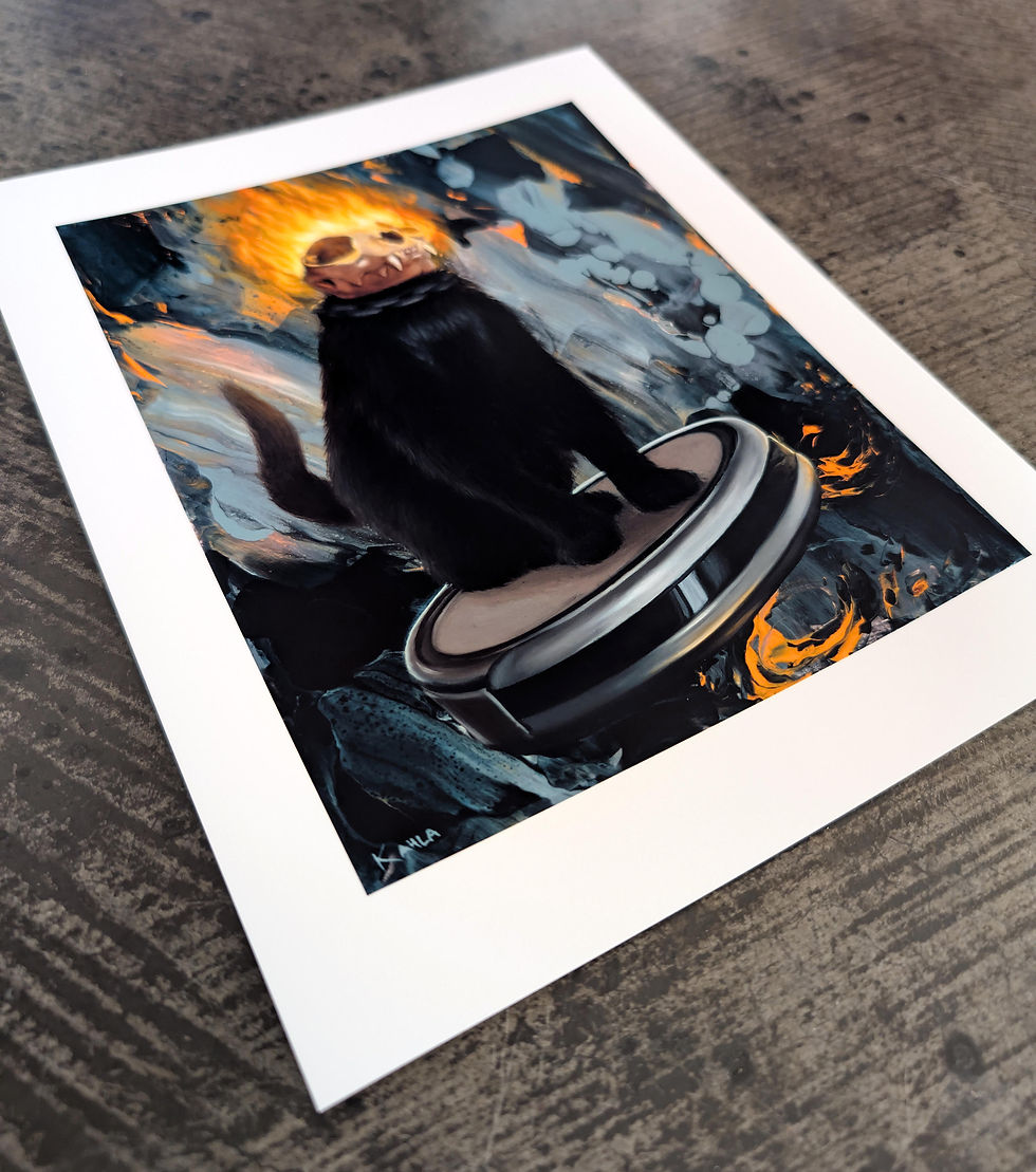 oil painting of ghost rider as a cat, black cat with a flaming skull riding a roomba robot vacuum