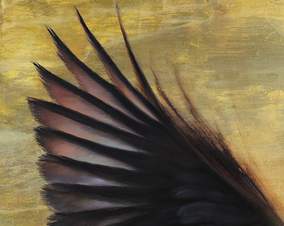 Thumbnail: oil painting of two black pigeons swooping down on a rotten jack o lantern and candy corn