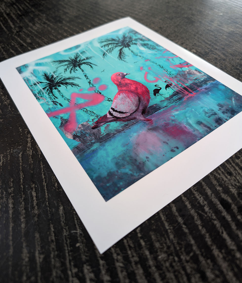 Thumbnail: oil painting of a pigeon covered in pink spray paint in front of a tropical mural
