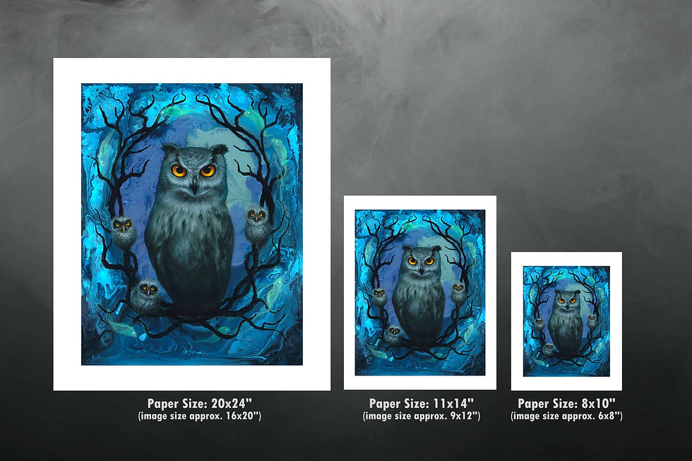 oil painting of an owl with three babies, surrounded by glowing ghost mice